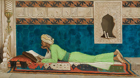 Painting of a reclining scholar studying